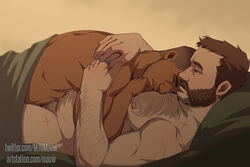  2boys artstation_username bara beard bed bed_sheet brown_hair call_of_duty call_of_duty:_modern_warfare_2 captain_price chest_hair closed_eyes completely_nude couple dark-skinned_male dark_skin excessive_pubic_hair facial_hair gaz_(call_of_duty_4) hairy interracial jewelry large_pectorals looking_at_another lying lying_on_person male_focus male_pubic_hair mature_male mto multiple_boys muscular muscular_male naked_sheet nipples nude on_back on_bed pectoral_pillow pectorals pubic_hair ring short_hair sleeping sleeping_on_person thick_chest_hair thick_navel_hair twitter_username very_hairy very_short_hair yaoi 