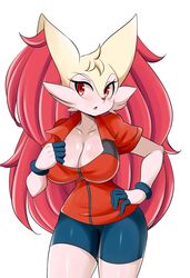  absurd_res anthro blush bottomwear braixen bray_(lucyfercomic) breasts cleavage clothed clothing clothing_pull female fur generation_6_pokemon gloves handwear hi_res inner_ear_fluff lucyfercomic nintendo pokemon pokemon_(species) red_eyes shirt shorts solo spandex spandex_shorts tight_bottomwear tight_clothing tight_shorts topwear topwear_pull tuft yellow_body yellow_fur 