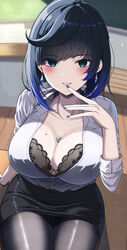  absurdres alternate_costume azumi_(mocha) between_breasts black_bra black_hair black_pantyhose black_skirt blue_hair blush bob_cut bra bracelet braid breasts chalkboard classroom cleavage collarbone dangle_earrings desk diagonal_bangs dice earrings female fine_fabric_emphasis fisheye from_above genshin_impact green_eyes hand_to_own_mouth highres indoors jewelry large_breasts lectern looking_at_viewer miniskirt mole mole_on_breast multicolored_hair nail_polish office_lady on_desk open_collar pantyhose partially_unbuttoned pencil_skirt shirt shirt_tucked_in short_hair sitting skirt sleeves_rolled_up smile solo thighs underwear white_shirt yelan_(genshin_impact) 