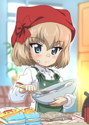  apron arm_garter bandana blonde_hair blue_eyes blurry blurry_background book bowl casual closed_mouth collared_shirt commentary depth_of_field female flour food food_on_face frown girls_und_panzer green_apron holding holding_bowl holding_whisk indoors kanau katyusha_(girls_und_panzer) long_sleeves looking_at_viewer mixing mixing_bowl paw_print shirt short_hair solo whisk white_shirt 