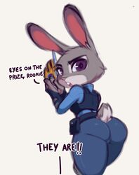  2020 anthro ass big_butt brachyzoid buckteeth butt_pose clothed clothing dialogue digital_media_(artwork) disney english_text female fully_clothed fur furgonomics grey_body grey_fur holding_object holding_weapon judy_hopps lagomorph leporid looking_at_viewer looking_back looking_back_at_viewer mammal offscreen_character open_mouth police police_uniform pose purple_eyes rabbit rear_view redraw scut_tail short_tail simple_background solo tail tail_clothing talking_to_viewer teeth text thick_thighs uniform weapon white_background wide_hips zootopia 