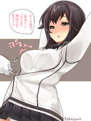  1other black_hair black_skirt blush commentary_request cowboy_shot female grey_eyes gym_shirt hayasui_(kancolle) highres jacket kantai_collection miniskirt nose_blush one-hour_drawing_challenge open_clothes panties pleated_skirt shirt short_hair skirt takase_muh track_jacket translation_request two-tone_background underwear white_background white_panties white_shirt zipping 