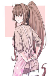  apron ass beige_sweater border brown_eyes brown_hair casual cherry_blossoms commentary_request female flower from_behind hair_flower hair_ornament highres kantai_collection long_hair pants pink_background ponytail ribbed_sweater solo sweater takase_asagiri two-tone_background tying_apron white_apron white_border white_pants yamato_(kancolle) 