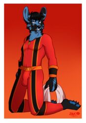  2019 anthro black_body black_fur blue_body blue_eyes blue_fur border bulge canid canine canis clothing dated detailed_bulge ear_piercing ear_ring fur fur_markings genital_outline gradient_background holding_object hybrid kneeling lagomorph leporid looking_aside male mammal markings orange_background pawpads penis_outline piercing power_rangers rabbit ring_piercing ryukawa sentai_inspired signature simple_background smile solo spandex spandex_suit tight_clothing white_border wolf 