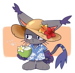  aloha_shirt anthro bandai_namco beverage black_body black_fur blackgatomon_uver. blush claws clothing coconut coconut_drink digimon digimon_(species) digimon_ghost_game domestic_cat drupe_(fruit) felid feline felis flower food fruit fur gloves handwear hat headgear headwear hibiscus mammal pattern_clothing pattern_shirt pattern_topwear pawpads plant shirt solo straw_hat topwear uni_hkdm_gsg 