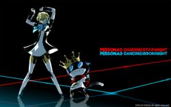  :3 aegis_(persona) android arms_up black_background blonde_hair blue_eyes bow commentary_request copyright_name crown dancing dress feline female headphones joints morgana_(persona_5) official_art persona persona_3 persona_3:_dancing_moon_night persona_5 persona_5:_dancing_star_night persona_dancing robot_joints scarf short_hair soejima_shigenori 