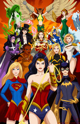  6+girls amazon arm arm_up armor arms arms_up barbara_gordon bare_legs bare_shoulders batgirl black_canary black_hair blonde_hair blue_eyes blue_gloves bodysuit bow bow_(weapon) bowtie bracelet braids breasts brown_hair cape claws cleavage cleavage_cutout collarbone courtney_whitmore crossbow dark_skin dc_comics detached_collar everyone female flying gloves green_hair green_skin grey_gloves grin hand_on_hip hat hawkgirl holding huntress jade jade_(dc) jewelry kryptonian legs leotard lips lipstick long_hair looking_at_viewer mace magic magician makeup mari_jiwe_mccabe mary_batson mask masquerade mera midriff multiple_girls navel neck necklace outstretched_arm pink_lipstick power_girl purple_gloves queen red_cape red_gloves red_hair red_lipstick red_skirt s_shield short_hair single_spaulder skirt sleeveless smile spaulders standing stargirl strapless supergirl tiara top_hat trident turtleneck v-neck vixen_(dc) wand water weapon wonder_woman yellow_gloves zatanna_zatara 