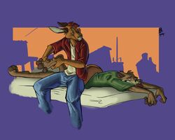  2011 5:4 ahe_gao amonomega anthro canid canine canis clothed clothing donryu duo fox hybrid kangaroo looking_back looking_pleasured lying macropod male mammal marsupial massage mattress rubbing_feet sitting sitting_on skgyae wolf 