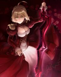  aestus_estus ahoge bad_id bad_pixiv_id blonde_hair breasts dress epaulettes fate/extra fate_(series) female green_eyes hair_ribbon kerogi_haku large_breasts nero_claudius_(fate) nero_claudius_(fate/extra) red_dress ribbon solo sword weapon 