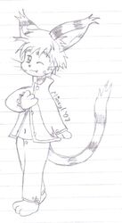  2007 barefoot clothed clothing cute_fangs feet felid lined_paper male mammal mineyl monochrome navel one_eye_closed solo traditional_media_(artwork) wink 