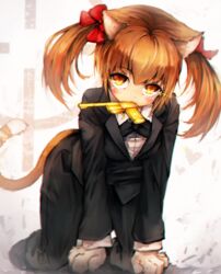  all_fours animal_ears animal_hands bakumatsu_shishi_channel brown_eyes brown_hair cat_ears cat_paws cat_tail commentary_request cosplay female golden_gun highres james_bond james_bond_(cosplay) james_bond_(series) kajaneko looking_at_viewer mike_(bakumatsu_shishi_channel) mouth_hold short_hair solo tail twintails 