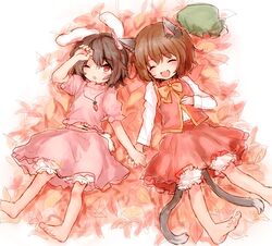  2girls :d ;o ^_^ animal_ears arm_up autumn_leaves barefoot black_hair bloomers bow brown_hair carrot carrot_necklace cat_ears cat_tail chen closed_eyes commentary_request dress ear_piercing earrings furorida hat highres holding_hands inaba_tewi jewelry long_sleeves lying multiple_girls multiple_tails necklace nekomata oerba_yun_fang on_back one_eye_closed open_mouth pendant piercing pink_dress rabbit_ears red_eyes shirt short_sleeves single_earring skirt skirt_set smile tail touhou underwear unworn_hat unworn_headwear vest 