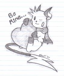  2007 generation_1_pokemon heart_symbol holidays lined_paper mineyl monochrome nintendo pokemon pokemon_(species) raichu scarf simple_background traditional_media_(artwork) valentine&#039;s_day white_background 