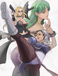  3girls alternate_color ass back bare_back bare_shoulders bat_wings blonde_hair boots breasts bridal_gauntlets capcom chinese_clothes chun-li collarbone company_connection covered_nipples crossover demon_girl devil_may_cry double_bun erect_nipples fingernails glasses green_eyes green_hair gun heiispoon hips jewelry kick kicking knees large_breasts legs lips marvel_vs._capcom marvel_vs._capcom_3 midriff morrigan_aensland multiple_girls navel necklace nipples open_mouth pantyhose pink_hair smile street_fighter street_fighter_ii succubus sunglasses teeth tongue trish trish_(devil_may_cry) underboob vampire_(game) weapon wide_hips wings 