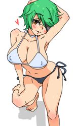  arm_behind_head arm_up bad_id barefoot bikini blush breasts cleavage eyepatch female green_hair hair_over_one_eye hand_on_thigh huge_breasts kiriririn otonashi_kiruko shinmai_fukei_kiruko-san short_hair side-tie_bikini_bottom solo swimsuit underboob yellow_eyes 