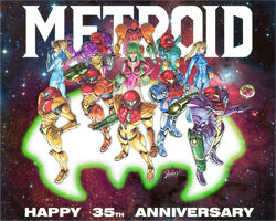  anniversary arm_cannon armor assault_visor blonde_hair blue_visor bodysuit breasts cleavage commentary dustin_wilkinson_(ozkai) english_commentary female fusion_suit gravity_suit_(metroid) green_hair green_visor gun handgun helmet highres holding holding_gun holding_weapon justin_bailey leotard long_hair looking_at_viewer metroid metroid_(classic) metroid_(creature) metroid_2:_return_of_samus metroid_dread metroid_fusion multiple_persona paralyzer ponytail power_armor power_suit power_suit_(metroid) samus_aran science_fiction space standing super_metroid unworn_headwear unworn_helmet varia_suit weapon zero_suit 