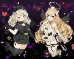  2girls absurdres angel_wings bandages blonde_hair daimaou_ruaeru demon_girl demon_horns demon_tail demon_wings grey_eyes halo heterochromia highres horns indie_virtual_youtuber long_hair looking_at_viewer mamiya_mao multiple_girls pale_skin purple_eyes reface_music_production spinel_clanweiss tail thighhighs twintails virtual_youtuber white_hair wings 