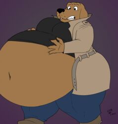  2020 4_fingers anthro ass belly big_belly big_butt black_clothing black_nose black_shirt black_topwear bloodhound blue_bottomwear blue_clothing blue_pants bottomwear brown_belly brown_body brown_fur canid canine canis cleverfoxman clothing coat domestic_dog exposed_belly fingers footwear fur hand_on_belly hand_on_own_belly hands_on_belly hi_res huge_belly hunting_dog hyper hyper_belly looking_down_at_self male mammal mcgruff_the_crime_dog navel obese overweight pants purple_background scent_hound shirt simple_background solo teeth thick_thighs topwear trenchcoat 