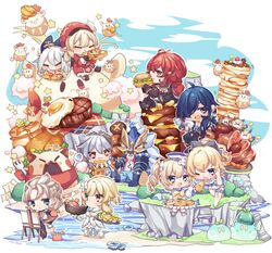  4boys 5girls absurdres ahoge albedo_(genshin_impact) automaton_(object) barbara_(genshin_impact) barbara_(summertime_sparkle)_(genshin_impact) black_hair blonde_hair blue_eyes bread bread_slice brown_hair burger bush cabbie_hat canvas_(object) chibi chicken-mushroom_skewer_(genshin_impact) chicken_(food) chicken_sandwich cloud clover_print commentary_request crab dandelion diluc_(genshin_impact) drill_hair easel eating egg_(food) eyepatch fish-flavored_toast_(genshin_impact) flower food fork fried_egg full_body gelatin genshin_impact hair_between_eyes hair_flower hair_ornament halo hat hat_feather hat_ornament highres hilichurl_(genshin_impact) holding holding_food iran_stn jean_(genshin_impact) jean_(sea_breeze_dandelion)_(genshin_impact) jumpy_dumpty kaeya_(genshin_impact) klee_(genshin_impact) light_brown_hair lighter-than-air_pancake_(genshin_impact) long_hair long_sleeves looking_at_viewer low_ponytail low_twintails lumine_(genshin_impact) maguu_kenki_(genshin_impact) mechanical_halo mountain multiple_boys multiple_girls musical_note notice_lines official_alternate_costume outrider&#039;s_champion_steak!_(genshin_impact) paimon_(genshin_impact) pancake pancake_stack pizza ponytail razor_(genshin_impact) red_eyes red_hair rock sea_ganoderma short_hair short_hair_with_long_locks sidelocks sitting skewer sky slime_(genshin_impact) spoon steak sticky_honey_roast_(genshin_impact) sweet_madame_(genshin_impact) toast tree twin_drills twintails umbrella water yellow_eyes 