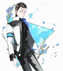  1boy android arm_at_side artist_name bad_id bad_pixiv_id black_hair black_pants black_shirt blue_butterfly blue_eyes blue_flower bug butterfly connor_(detroit) detroit:_become_human flower jacket looking_at_viewer male_focus pale_skin pants petals shirt simple_background solo yukowa_(kari) 