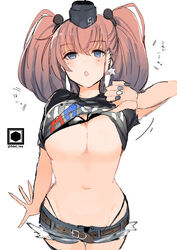  :o absurdres alternate_costume atlanta_(kancolle) belt black_bra black_panties black_shirt blue_eyes blush bra breasts brown_belt brown_hair clothes_lift clothes_writing commentary denim denim_shorts earrings female fujiyama_ichiha garrison_cap hat headgear highleg highleg_panties highres jewelry kantai_collection large_breasts lifting_own_clothes long_hair multicolored_nails nail_polish open_mouth panties shirt shirt_lift short_shorts shorts simple_background single_earring solo star_(symbol) star_earrings t-shirt two_side_up underwear white_background 