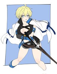  1boy blonde_hair blue_eyes blue_gloves breasts dragon_install ebi_pri_shrimp female fingerless_gloves genderswap_(mtf) gloves guilty_gear guilty_gear_strive highres holding holding_sword holding_weapon ky_kiske large_breasts looking_at_viewer rule_63 short_hair simple_background sword weapon 