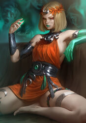  aleriia_v ancient_greek_clothes armlet artist_name barefoot belt blonde_hair bone breasts commentary dress english_commentary female greco-roman_clothes green_eyes green_lips hades_(series) hades_2 heterochromia highres laurel_crown lipstick looking_at_viewer makeup melinoe_(hades) orange_dress parted_hair patreon_username red_eyes see-through_body short_hair sideboob signature sitting skeletal_arm thighlet thighs v-shaped_eyebrows web_address 