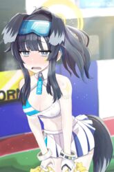  animal_ears arm_support arm_tattoo ass black_hair blue_archive blunt_bangs blurry blush bracelet breasts character_name cleavage commentary depth_of_field detached_collar dog_ears dog_girl dog_tail embarrassed exhausted eyewear_on_head facial_tattoo female gloves grey_eyes halo hibiki_(blue_archive) hibiki_(cheer_squad)_(blue_archive) holding holding_pom_poms jewelry keke_(user_djyu7823) leaning_forward long_hair looking_at_viewer millennium_cheerleader_outfit_(blue_archive) navel official_alternate_costume official_alternate_hairstyle outdoors pom_pom_(cheerleading) ponytail sidelocks single_glove sleeveless solo stadium star_tattoo steam stomach sunglasses sweat tail tattoo visible_air white_gloves yellow_halo 