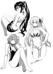  3girls alisa_reinford armpit_peek artist_name back bare_legs barefoot bikini breasts choker cleavage commentary_request contrapposto cowboy_shot eiyuu_densetsu feather_hair_ornament feathers flower full_body greyscale hair_between_eyes hair_flower hair_ornament hairclip hand_in_own_hair hand_on_own_hip knees_together_feet_apart laura_s._arseid long_hair looking_at_viewer looking_back medium_breasts monochrome multiple_girls musse_egret navel o-ring o-ring_bikini one-piece_swimsuit ponytail scrunchie sen_no_kiseki sen_no_kiseki_iii short_hair short_shorts shorts side-tie_bikini_bottom side_ponytail sideboob signature simple_background sitting smile standing swimsuit werkbau white_background 