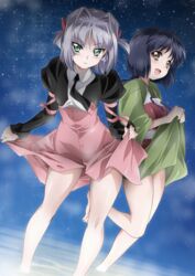  2girls black_hair breasts brown_eyes dress green_eyes hair_ribbon highres jinki kawamoto_satsuki kousaka_rui legs looking_at_viewer multiple_girls night night_sky no_shoes purple_hair ribbon short_hair skirt_hold sky small_breasts smile tsunashima_shirou wading walking water 