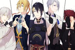  5boys :p absurdres aqua_eyes black_gloves black_hair blonde_hair blue_eyes cape coma_(macaron) commentary_request finger_heart gloves headband heart heart_hands highres japanese_clothes male_focus mikazuki_munechika multiple_boys necktie ookanehira_(touken_ranbu) partially_fingerless_gloves red_hair sayagata single_glove smile tassel tongue tongue_out touken_ranbu tsurumaru_kuninaga white_hair yamanbagiri_chougi yamanbagiri_kunihiro yamanbagiri_kunihiro_(kiwame) yellow_eyes 