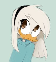  alternate_costume bad_id bad_twitter_id bird bird_girl brown_eyes closed_mouth della_duck duck ducktales english_commentary fawnmoth female furry furry_female green_background hairband inactive_account long_sleeves looking_up medium_hair simple_background smile solo sweater upper_body 