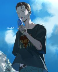  1boy artist_name bad_id bad_pixiv_id black_hair black_shirt casual cloud connor_(detroit) day detroit:_become_human eating food food_on_face holding holding_food ice_cream_cone licking looking_at_viewer male_focus outdoors pants shirt short_sleeves solo t-shirt tongue tongue_out tree yukowa_(kari) 