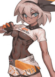  abs blue_eyes bodysuit bodysuit_under_clothes breasts commentary covered_navel dark_skin english_commentary female fingerless_gloves gloves grey_hair gym_leader hairband looking looking_at_viewer pokemon pokemon_(game) pokemon_swsh ribs saitou_(pokemon) shirt short_hair short_sleeves shorts solo toned white_background white_shirt zakusi 