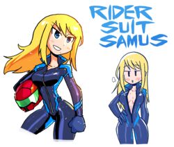  adapted_costume biker_clothes bikesuit blonde_hair blue_bodysuit blue_eyes blush_stickers bodysuit character_name clenched_hands cropped_legs female floating_hair halftone hand_on_hip headwear_removed helmet helmet_removed long_hair metroid mole mole_under_mouth multiple_views parted_lips rariatto_(ganguri) samus_aran simple_background smile sweat sweating_profusely white_background 