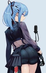  absurdres ass black_ribbon blue_eyes blue_hair ear_piercing female flower from_behind hair_ribbon headphones highres hololive hoshimachi_suisei hoshimachi_suisei_(shout_in_crisis) looking_at_viewer looking_back median_furrow microphone official_alternate_costume piercing pleated_skirt ponytail ribbon rose see-through see-through_sleeves shorts sidelocks skirt smile solo the_first_take tomo0843 virtual_youtuber 