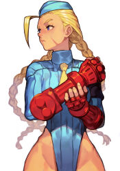  blonde_hair blue_eyes blue_hat blue_leotard braid cammy_white cowboy_shot female gauntlets hat hungry_clicker leotard long_hair scar scar_on_face solo street_fighter twin_braids 