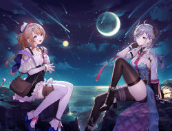  2girls :d ahoge arm_support atelier_(series) atelier_resleriana black_dress black_footwear black_gloves black_thighhighs blue_eyes blue_footwear boots braid breasts broken_horn brown_bag brown_hair choker cliff closed_mouth cloud collared_shirt commentary_request crescent_moon demon_horns detached_sleeves dress earrings gloves hair_between_eyes hair_ornament hairclip hand_up hat high_heel_boots high_heels horns jacket jewelry knee_up long_hair long_sleeves meteor_shower moon multicolored_hair multiple_girls necktie night night_sky official_art open_mouth outdoors own_hands_together pink_choker pouch purple_hair purple_jacket red_necktie resna_sternenlicht second-party_source shirt sideboob sitting skindentation sky smile star_(sky) starry_sky steepled_fingers thigh_pouch thighhighs two-tone_hair valeria_(atelier) white_thighhighs 