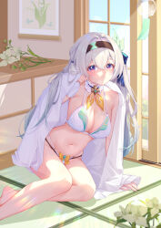  absurdres akovo bare_legs bare_shoulders bikini black_hairband breasts cleavage feet_out_of_frame female firefly_(honkai:_star_rail) flower full_body grey_hair hair_between_eyes hair_intakes hairband highres honkai:_star_rail honkai_(series) indoors large_breasts long_hair looking_at_viewer navel neckerchief open_clothes open_shirt orange_neckerchief parted_lips shirt sitting stomach swimsuit two-tone_eyes white_bikini white_shirt 