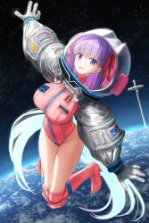  aqua_hair bare_legs bb_(fate) bb_cosmo_(fate) boots breasts earth_(planet) fate/grand_order fate_(series) female full-length_zipper hair_ribbon helmet high_heel_boots high_heels highres kamo_ashi large_breasts leotard long_hair looking_at_viewer multicolored_hair open_mouth pink_footwear pink_leotard planet purple_eyes purple_hair red_ribbon ribbon sky solo space space_helmet spacesuit star_(sky) starry_sky two-tone_hair zipper 