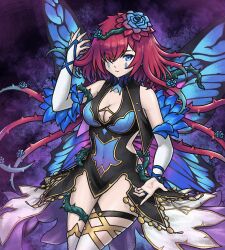  bare_shoulders black_dress blue_eyes blue_wings breasts closed_mouth covered_navel detached_sleeves dress facial_mark fairy_wings female fire_emblem fire_emblem_heroes flower gold_trim grimaisbestwaifu hair_flower hair_ornament hair_over_one_eye hair_vines highres long_hair looking_at_viewer medium_breasts mixed-language_commentary official_alternate_costume red_hair short_dress solo thorns triandra_(fire_emblem) triandra_(reverent_dream)_(fire_emblem) white_sleeves wings 