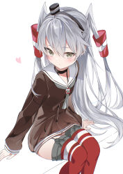  amatsukaze_(kancolle) blush brown_dress brown_eyes dress fathom female garter_straps grey_hair hair_tubes highres kantai_collection long_hair looking_at_viewer red_thighhighs sailor_dress short_dress simple_background sitting solo striped_clothes striped_thighhighs thighhighs twintails two_side_up white_background zettai_ryouiki 