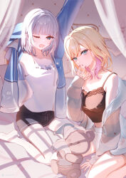  2girls absurdres armpit_crease black_camisole black_shorts blonde_hair blue_jacket breasts camisole colored_inner_hair commentary_request feet_out_of_frame film_grain frilled_camisole frills green_eyes grey_hair grey_jacket highres indoors jacket kaga_sumire kurumi_noah lace-trimmed_camisole lace_trim long_sleeves looking_at_viewer medium_breasts midriff mole mole_under_eye multicolored_hair multiple_girls natsui3 off_shoulder on_bed one_eye_closed open_clothes open_jacket peanut_mouth pink_hair shorts single_tear sitting small_breasts stuffed_animal stuffed_toy teddy_bear virtual_youtuber vspo! wariza white_camisole white_shorts window_shadow yawning 