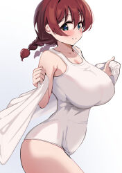  blue_eyes braid breasts brown_hair cowboy_shot emma_verde female freckles hair_between_eyes highres large_breasts long_hair looking_at_viewer love_live! love_live!_nijigasaki_high_school_idol_club one-piece_swimsuit pisagi revision school_swimsuit smile solo swimsuit twin_braids white_background white_one-piece_swimsuit white_towel 