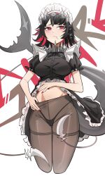  :&lt; absurdres black_dress black_hair breasts cropped_legs dress ellen_joe female fins fish_tail grey_pantyhose highres kiritzugu maid maid_headdress medium_breasts midriff mouth_hold multicolored_hair nail_polish navel pantyhose puffy_short_sleeves puffy_sleeves red_hair red_nails shark_tail short_sleeves solo standing stomach streaked_hair tail white_background zenless_zone_zero 