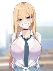  blonde_hair blurry blurry_background blush bra_visible_through_clothes classroom collarbone cowboy_shot female gradient_hair highres indoors kitagawa_marin kurorettsu long_hair multicolored_hair necktie open_mouth pink_hair red_eyes see-through see-through_shirt shirt smile solo sono_bisque_doll_wa_koi_wo_suru teeth two-tone_hair wet wet_clothes wet_shirt white_shirt 