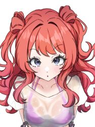  :o absurdres bikini bikini_under_clothes blue_eyes blush breasts collarbone commentary_request female gakuen_idolmaster halterneck hanami_saki highres idolmaster long_hair looking_at_viewer medium_breasts mo_(zhtr2524) partial_commentary pink_bikini red_hair shirt short_sleeves simple_background solo swimsuit two_side_up upper_body very_long_hair wet wet_clothes wet_shirt white_background white_shirt 