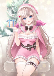  :p armchair black_bow blue_eyes blush bow box breasts brown_hair cape chair chitetan christmas christmas_ornaments christmas_tree cleavage closed_mouth commentary_request copyright_request dress feathered_wings female frilled_dress frills fur-trimmed_dress fur-trimmed_headwear fur_trim gift gift_box hair_between_eyes hand_up hat head_tilt holding holding_gift medium_breasts mini_wings on_chair pink_cape pink_dress pink_hat pink_wings santa_hat sitting smile solo thighhighs tongue tongue_out virtual_youtuber white_thighhighs wings 