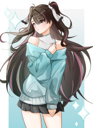  aqua_sweater bare_shoulders black_hair black_skirt bu_weizhuang chinese_commentary commentary_request cowboy_shot female grey_eyes highres long_hair miniskirt multicolored_hair off-shoulder_sweater off_shoulder purple_hair shirt shirt_under_sweater skirt sleeveless sleeveless_shirt solo standing streaked_hair sweater thighs two_side_up very_long_hair white_shirt wuthering_waves zhezhi_(wuthering_waves) 