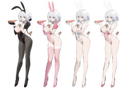  absurdres animal_ears azur_lane between_breasts black_footwear black_gloves black_hairband black_leotard black_pantyhose bow breasts carrot concept_art covered_navel elbow_gloves fake_animal_ears fake_tail female fishnet_pantyhose fishnets full_body gloves grey_footwear grey_hair grey_leotard hairband high_heels highres holding holding_carrot kincora leotard looking_at_viewer official_alternate_costume pantyhose pink_bow pink_eyes pink_footwear pink_gloves pink_hairband pink_leotard pink_thighhighs rabbit_ears rabbit_tail saliva saliva_trail simple_background sirius_(azur_lane) standing tail thighhighs tongue tongue_out white_background white_hairband 